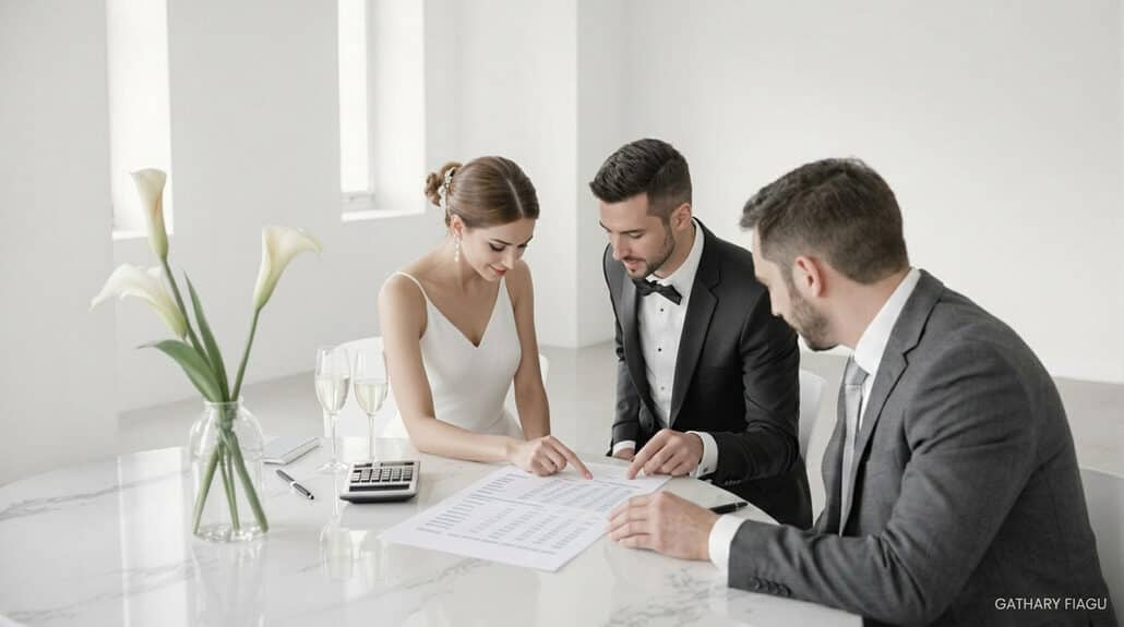 Wedding planning meeting with couple and planner in bright modern office.