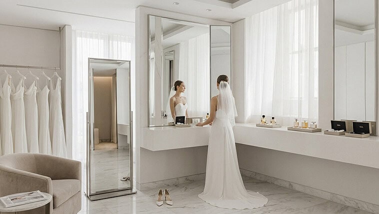 Bridal reflection in a mirror during wedding preparations, showcasing elegant wedding dresses and ve.