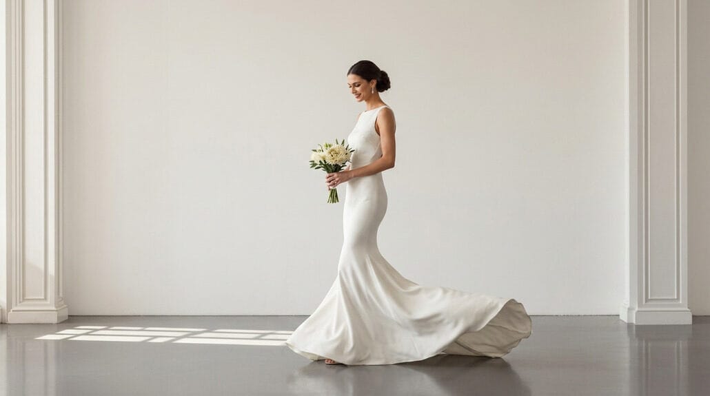 Bride in elegant white wedding gown holding a bouquet of flowers.