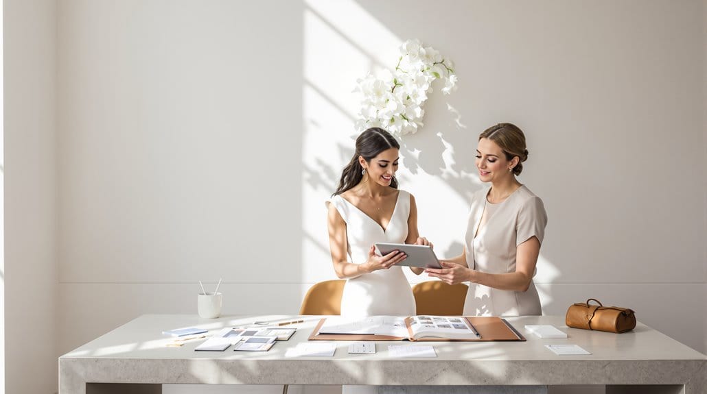 Two women discussing wedding plans at a modern office desk.