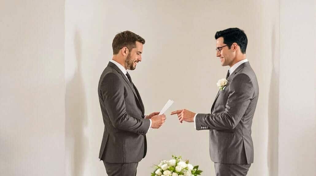 Two grooms exchanging vows during a wedding ceremony, dressed in formal suits.