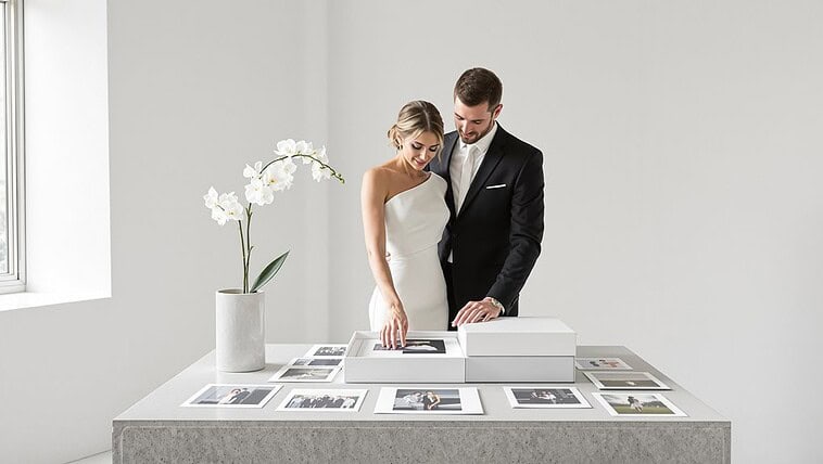 Elegant wedding couple viewing photo album at a modern gallery table.