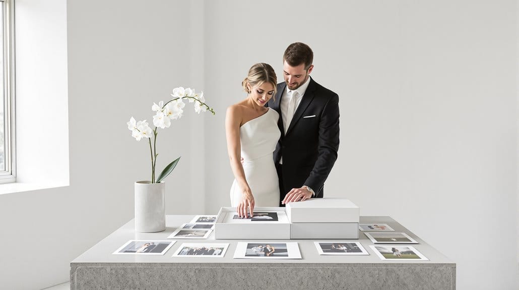 Elegant wedding couple viewing photo album at a modern gallery table.