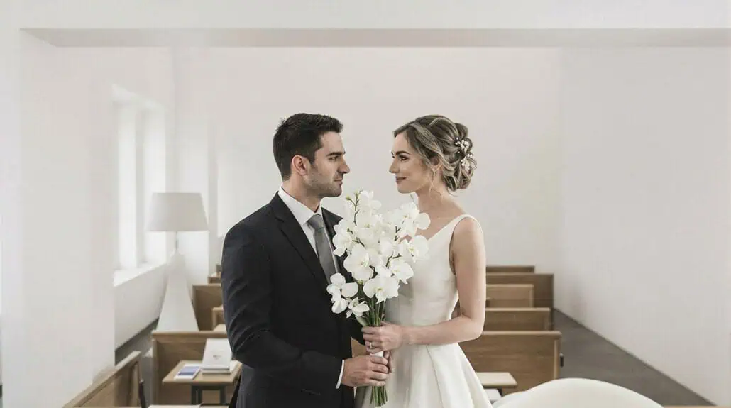 Bride and groom exchanging vows in a minimalist wedding chapel.
