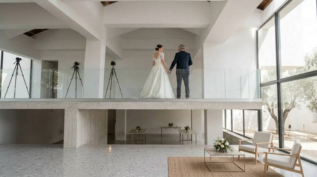 Bride and groom standing on balcony during wedding celebration.