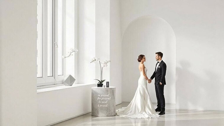 Elegant wedding couple holding hands in a bright, minimalist venue.