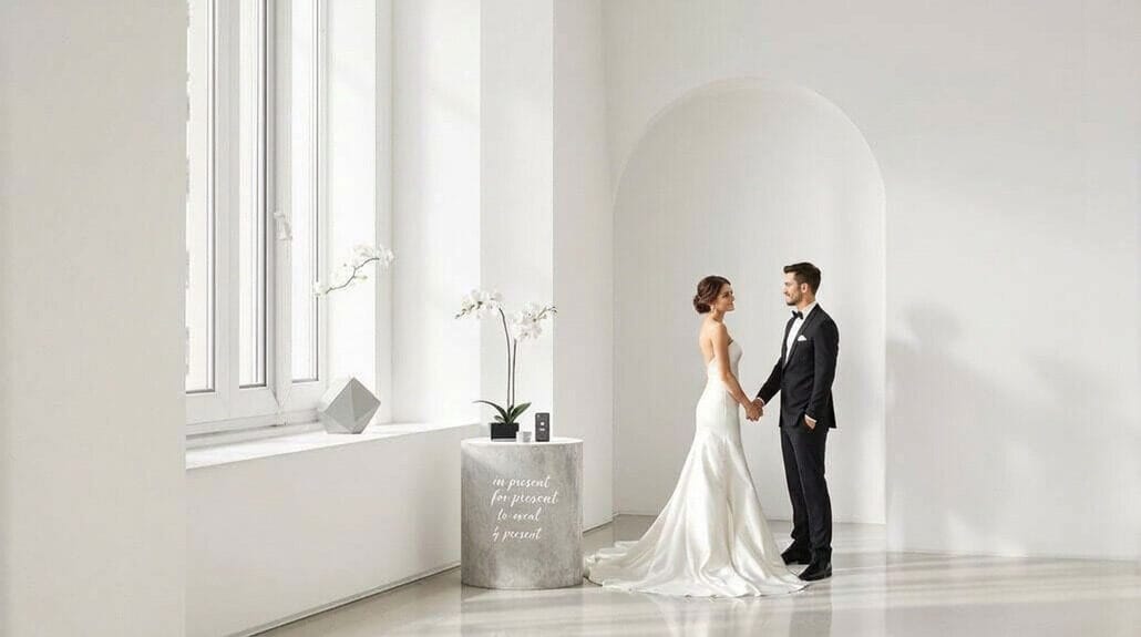 Elegant wedding couple holding hands in a bright, minimalist venue.
