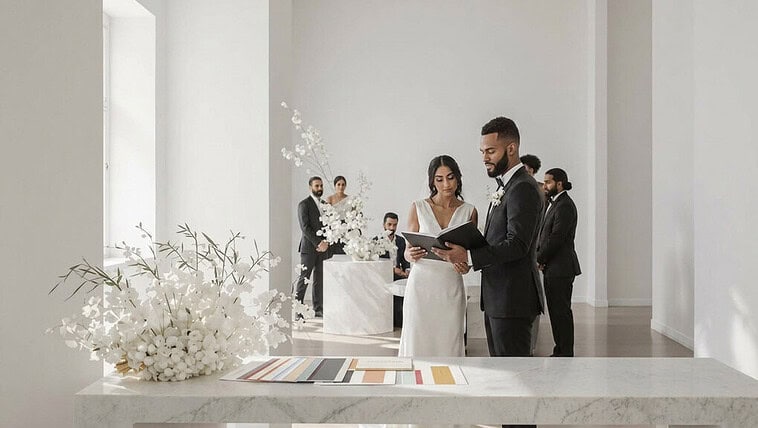 Elegant wedding ceremony with bride and groom exchanging vows in a modern, minimalist venue.