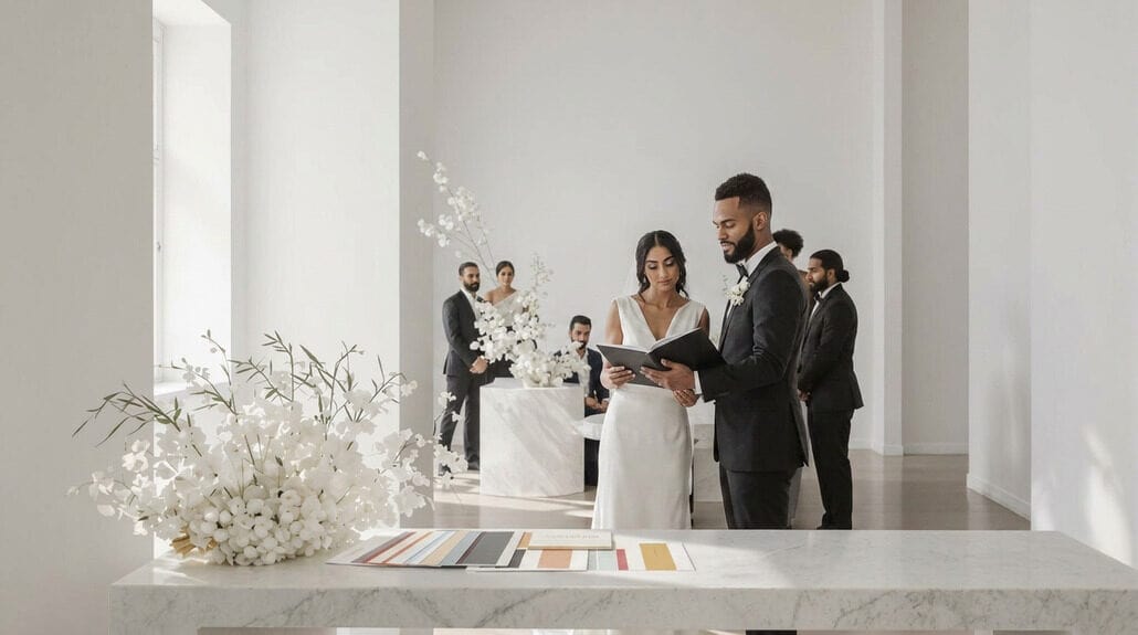 Elegant wedding ceremony with bride and groom exchanging vows in a modern, minimalist venue.