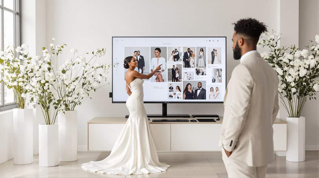 Bride and groom reviewing wedding photos on a large screen in a modern, elegant setting.