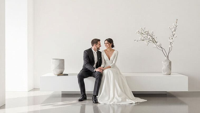 Elegant wedding couple sitting on a modern white bench with minimalist decor.