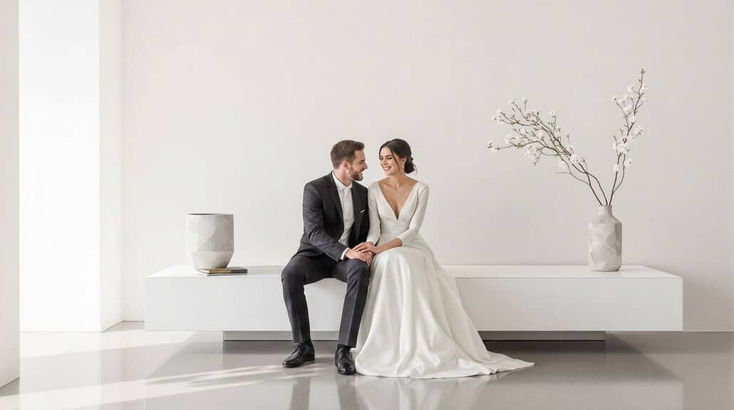 Elegant wedding couple sitting on a modern white bench with minimalist decor.