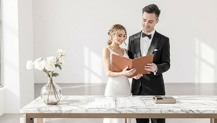 Happy bride and groom reading their wedding vows in a modern, elegant setting.
