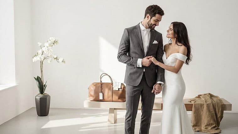 Bride in elegant white wedding gown and groom in tailored gray suit with bow tie.
