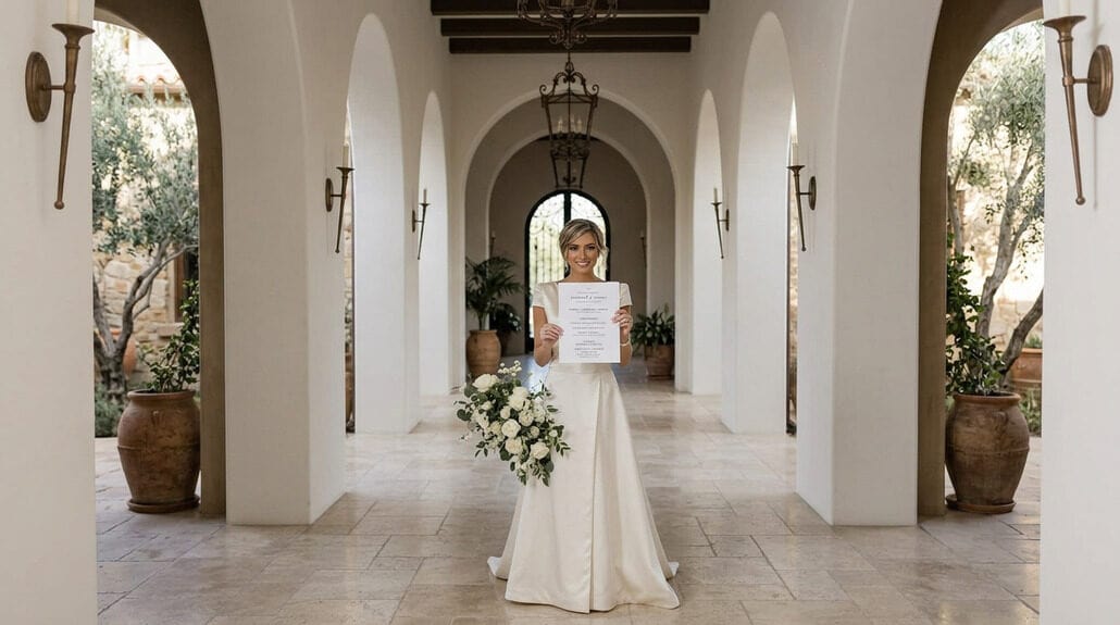 Bride holding wedding reception invitation in elegant venue.