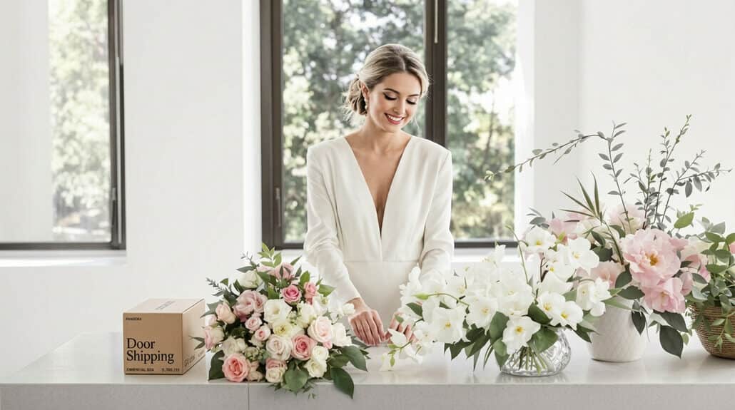 Beautiful bride arranging elegant wedding flowers with pink and white blooms.