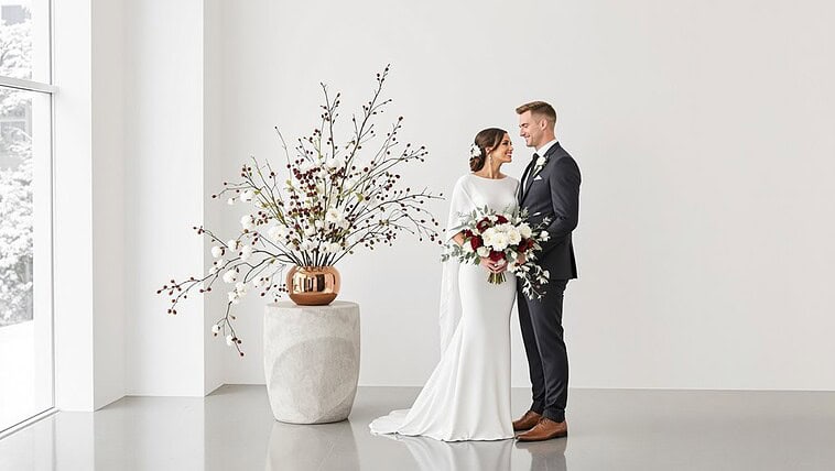 Bride and groom exchanging vows in a modern, minimalist wedding setting.