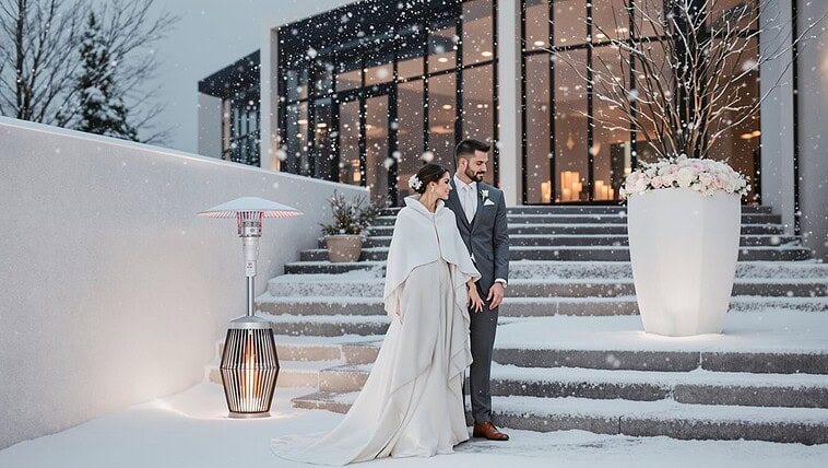 Romantic winter wedding couple outdoors with snow and modern architecture background.