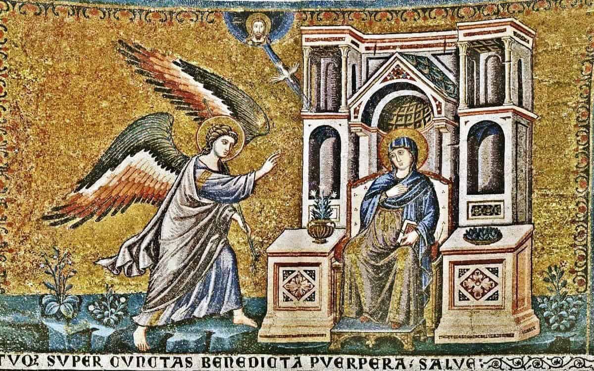 Byzantine mosaic icon of the feast of the Annunciation, when Gabriel announced to Mary that she was to bear the Christ-child