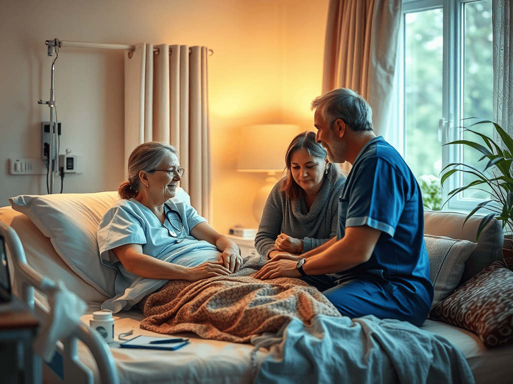A woman in bed with two people sitting with her, representing hospice and end-of-life doulas working together.