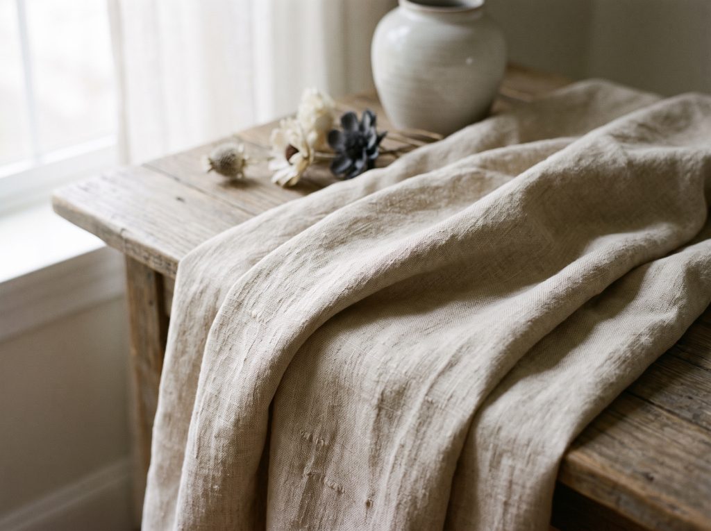 Naturfarbener Leinenstoff in Sandbeige mit weichem Fall