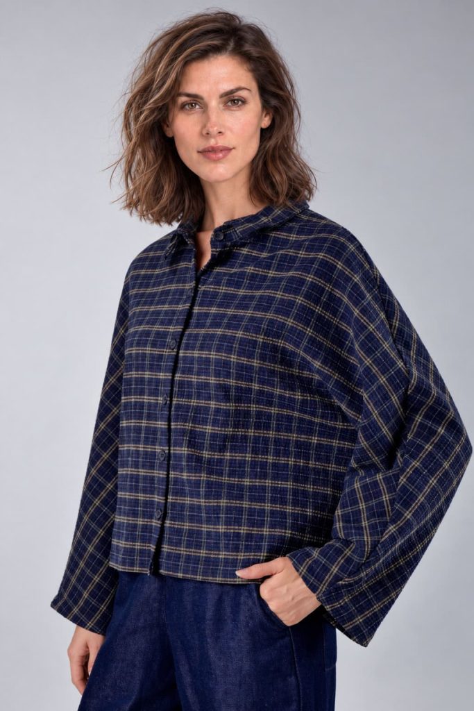 Bluse Tege longsleeve aus Materialmix mit Karomuster