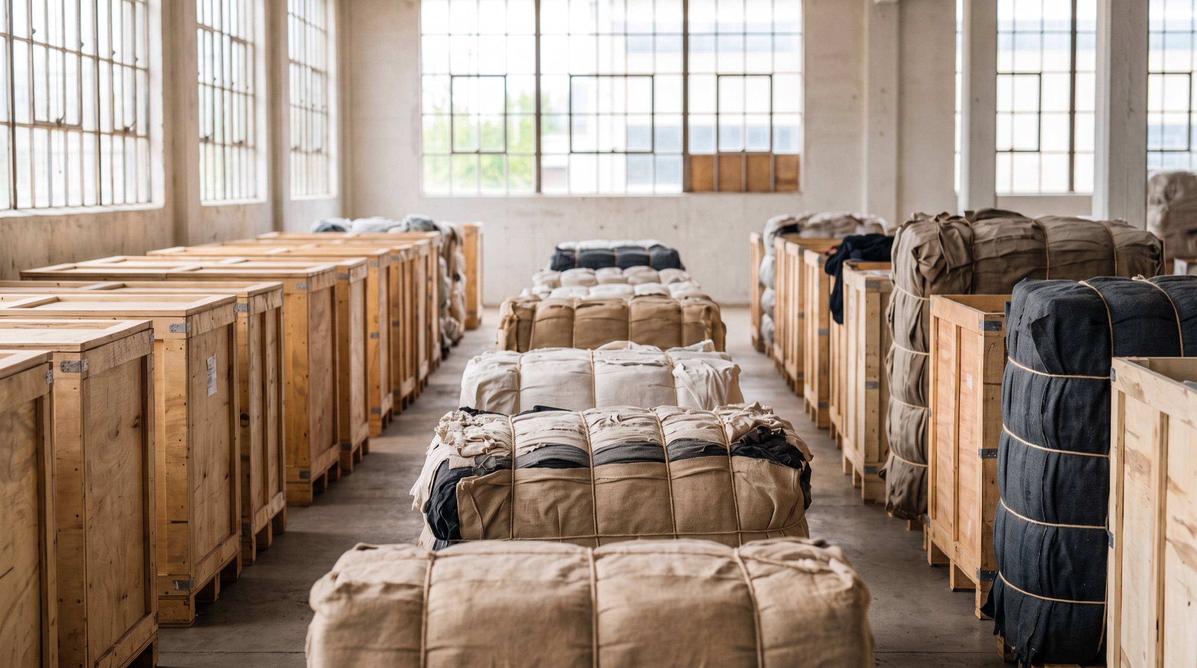 Sortierte Ballen aus Alttextilien in einer hellen Halle