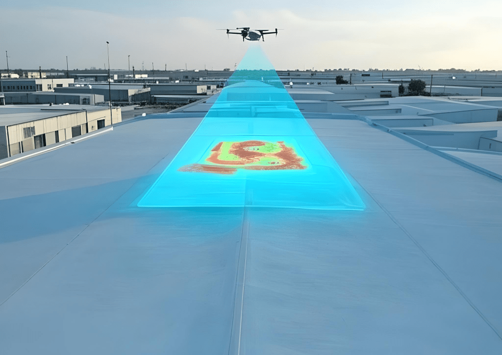 Drone inspecting a commercial flat roof with advanced technology, showcasing roof maintenance and repair services by Elevated Roofing and Siding.