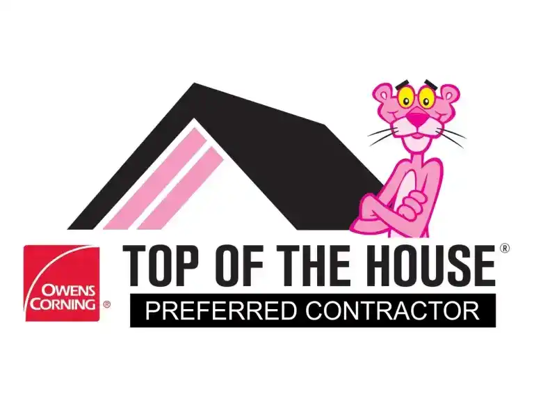 Colorful roofing contractor logo featuring a pink cartoon cat with glasses, a house roof graphic, and bold text highlighting "Top of the House" preferred contractor.