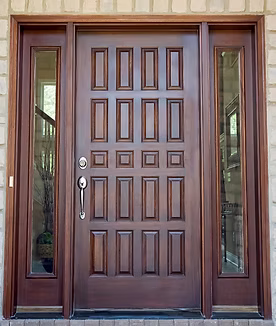 Replacement entry door with sidelights on a Dayton Ohio home featuring wood grain finish and satin nickel handle set