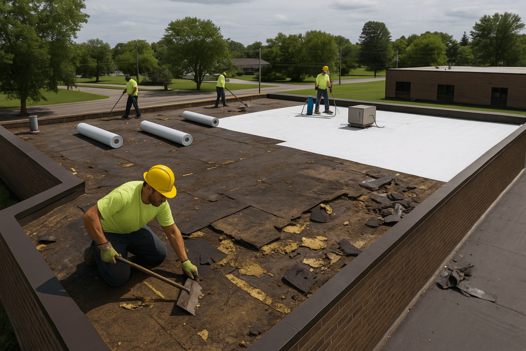 Asbestos roof removal and roof replacement by professional roofing contractors, ensuring durable roofing solutions and improved building safety.
