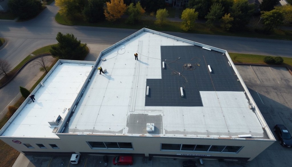 New flat roof installation with roofing contractors working on commercial building, high-angle view.