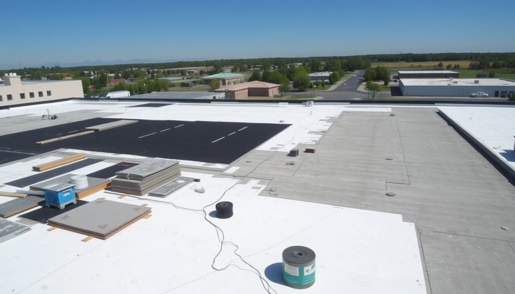 New commercial roofing installation on a flat roof with multi-layered roofing materials and waterproofing in progress.