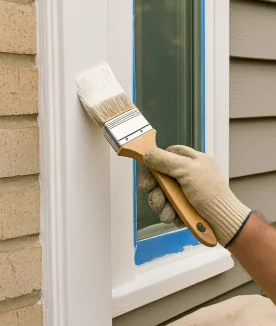 Painted exterior window trim being refreshed with a brush for improved curb appeal and protection. Skilled roofing and siding team ensures high-quality craftsmanship for durable exterior upgrades.