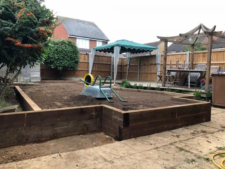 Backyard garden with new wooden raised beds and outdoor play area.