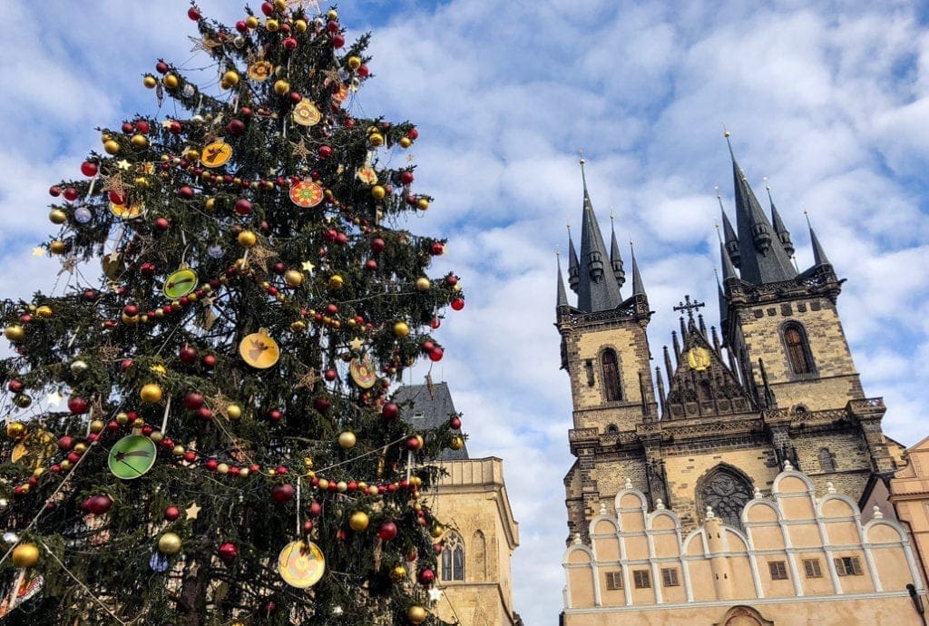 A large Christmas tree out the front of one of Prague's most famous churches