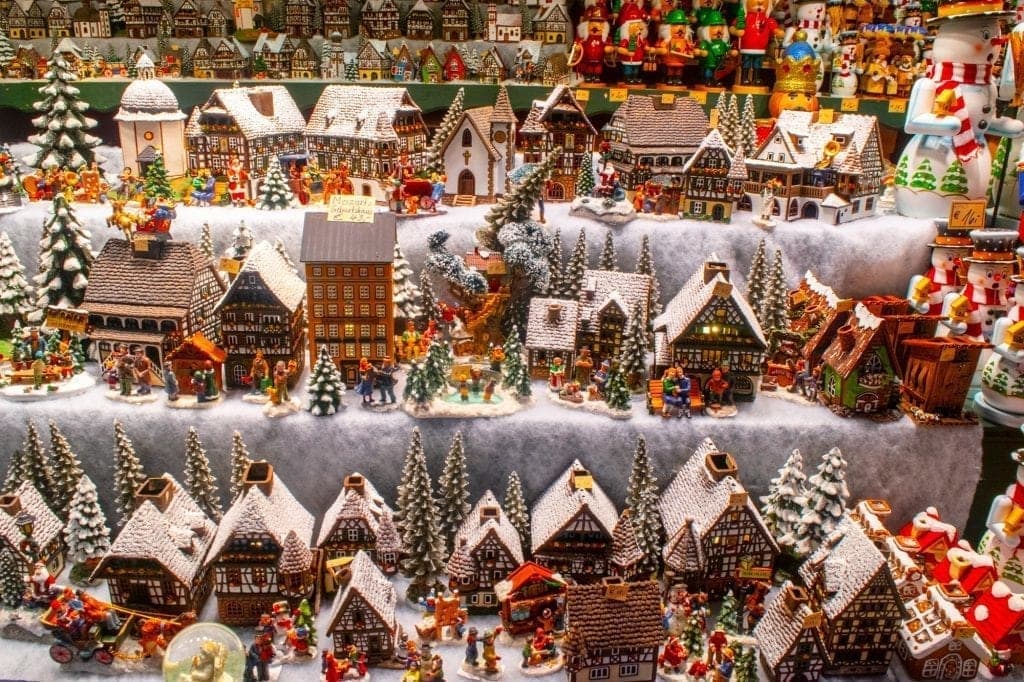 Model wooden houses on display at a Salzburg Christmas market