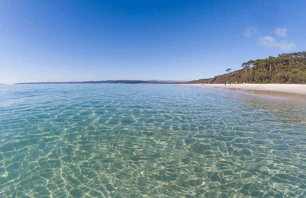 Pristine Australian beach with clear turquoise water, white sand, and lush green bushland under a bright blue sky, showcasing natural beauty and tranquil coastal scenery.