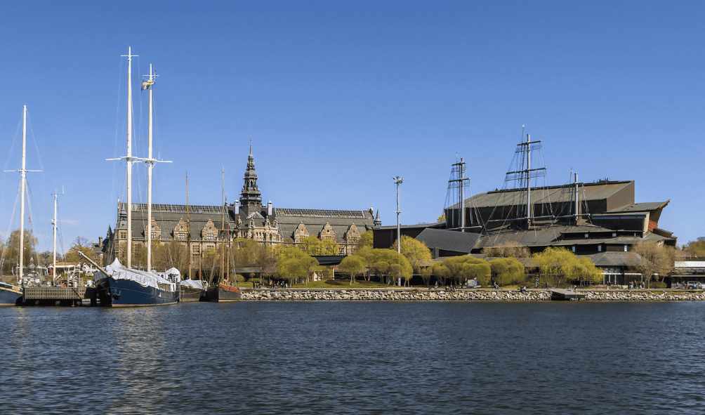 Three Ship Masts protruding from the roof of the Vasa Museum