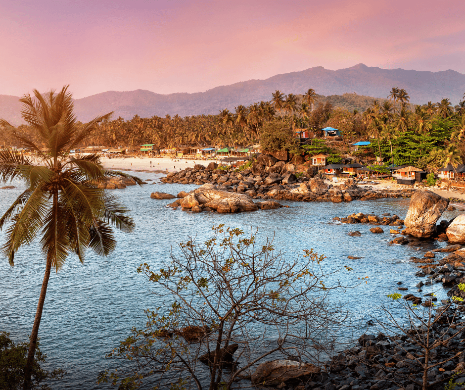 A beach front scene at sunset