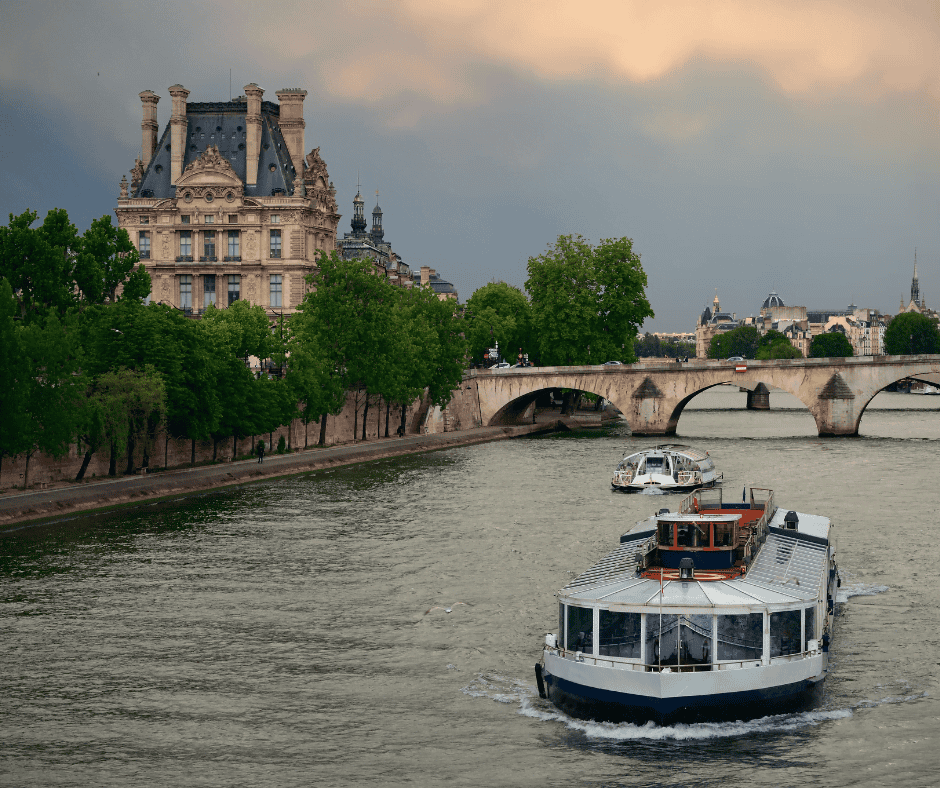 A boat cruising along the Seine River