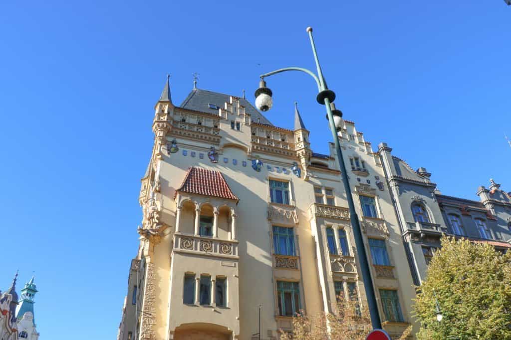 Blue sky behind a beautiful historic building in old town Prague