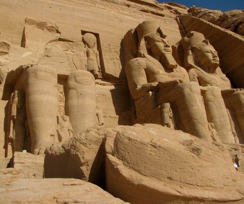 The large carved statue of Ramesses II at the Abu Simbel temple complex