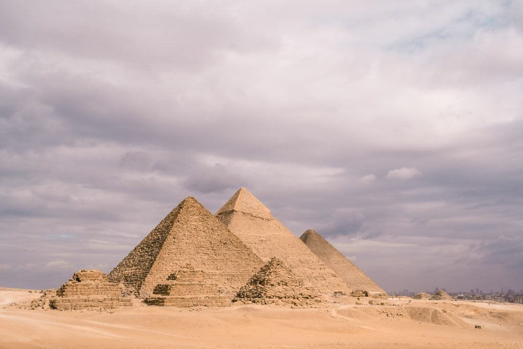 The 3 great pyramids of Giza accompanied by the 3 smaller Queen's pyramids in front