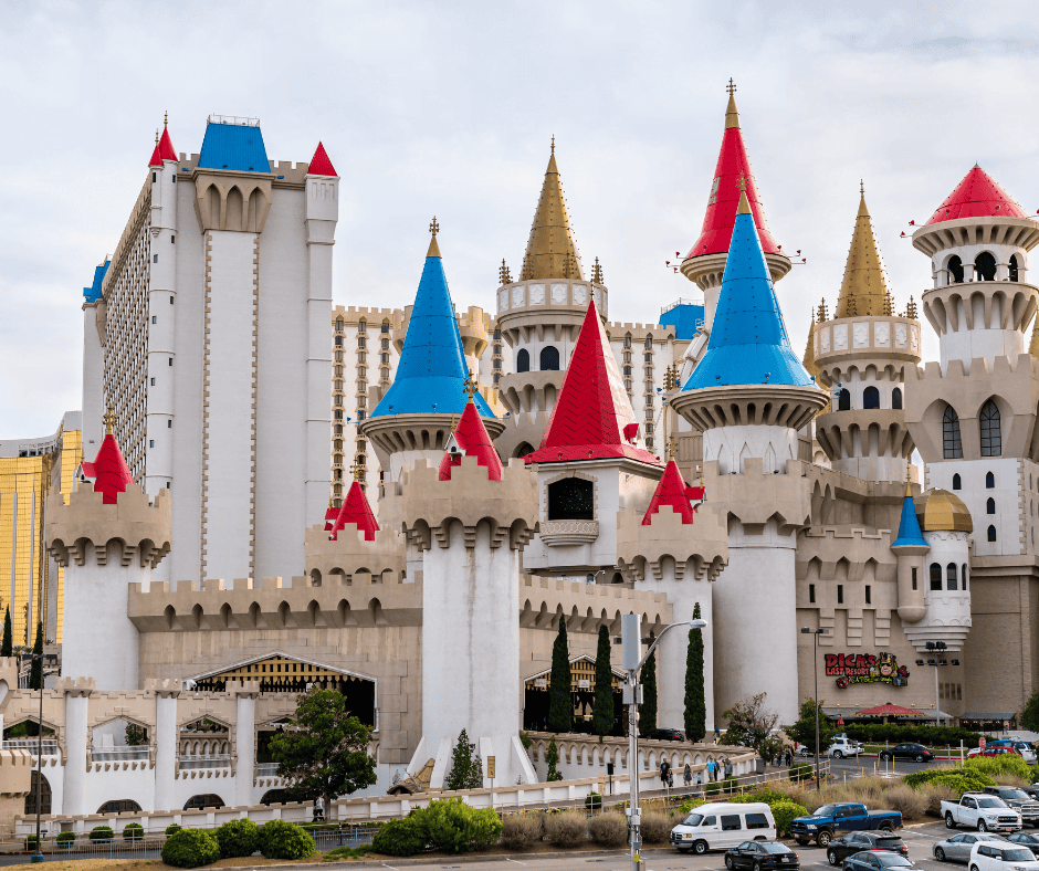 Blue and red turrets atop the towers of Excalibur Hotel and Casino, a medieval castle themed resort