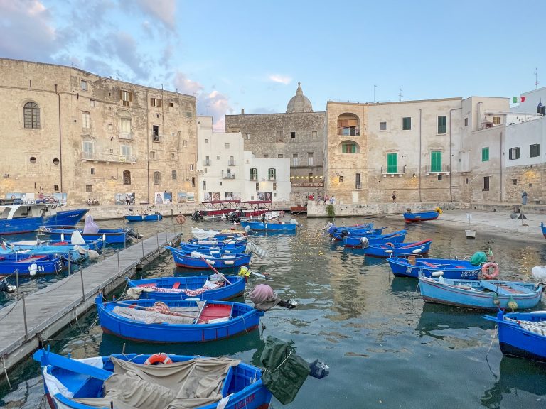 Colourful boats moored in a harbour in Italy with historic stone buildings in the background, capturing the charm of Mediterranean seaside towns.