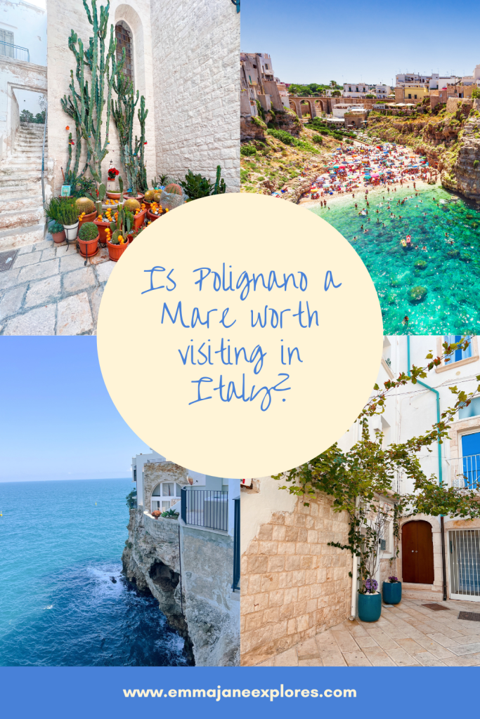 A picturesque collage of coastal sights and charming architecture in Polignano a Mare, Italy, perfect for travel enthusiasts exploring Italy’s beautiful seaside towns.