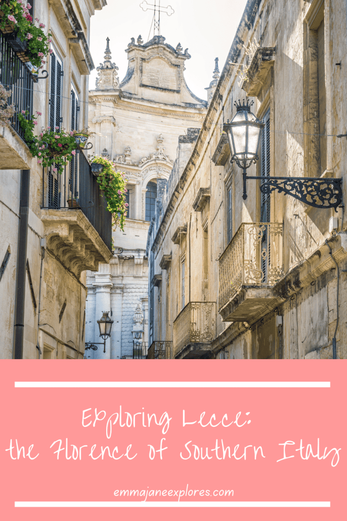Historic Sicilian street with charming balconies, ornate ironwork, and blooming flowers, capturing the essence of Lecce's baroque architecture in Southern Italy.