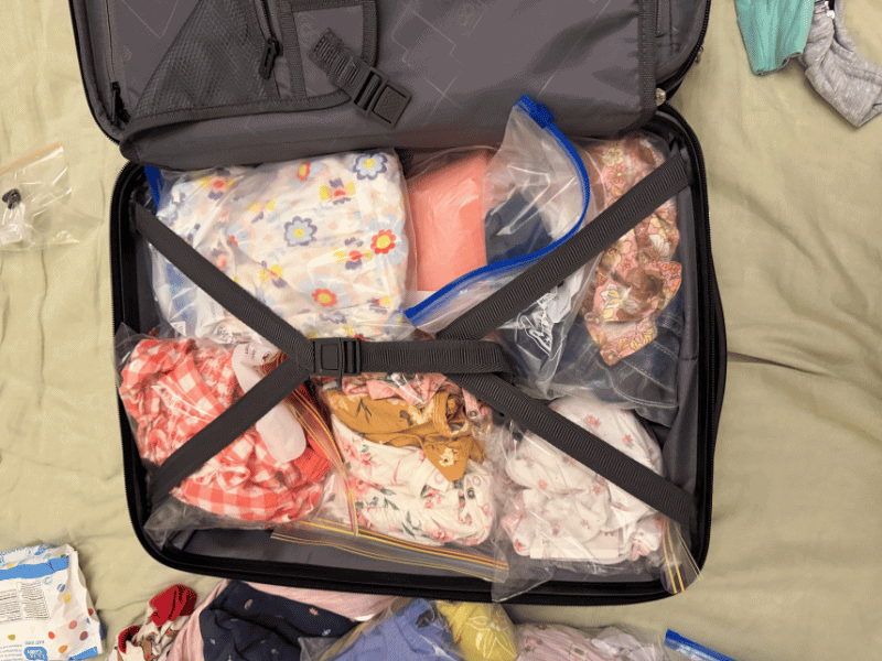 A neatly packed Level8 Grace suitcase showcasing organized clothing and accessories, ideal for travel moms seeking efficient luggage solutions.