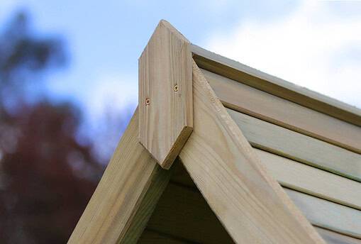 Cutting-edge wooden porch roof construction detail with natural timber, showcasing durable outdoor building materials for home improvement projects.